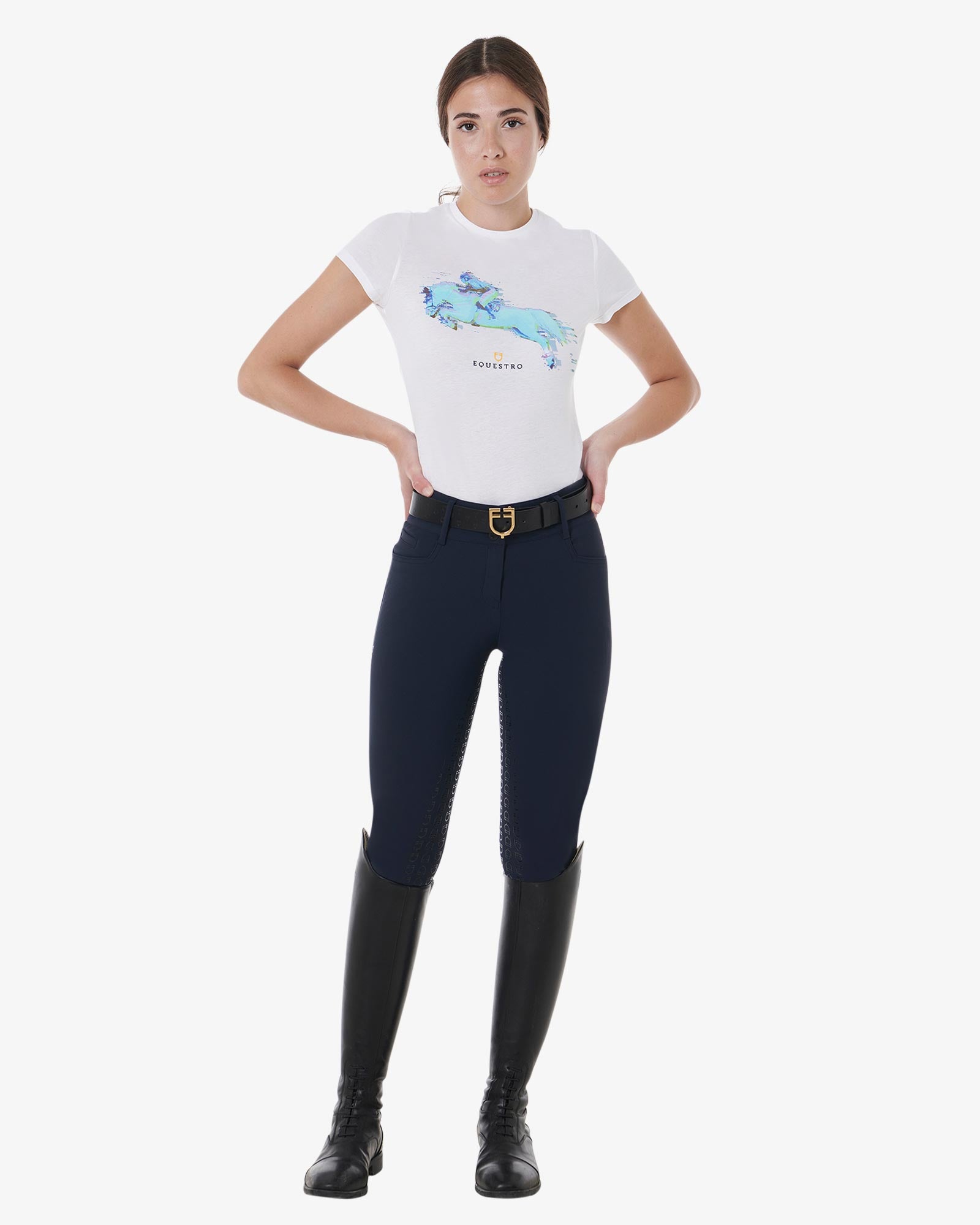 Navy Equestro Dame Ridebukser Full Grip Højtaljet - Equestro Ridebukser  - 8051360686092